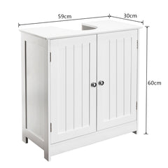White MDF under-sink bathroom cabinet, 23.6 inches wide, with slatted double doors and basin cutout.