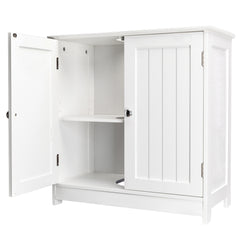 White MDF under-sink bathroom cabinet, 23.6 inches wide, with open slatted doors and adjustable shelves.