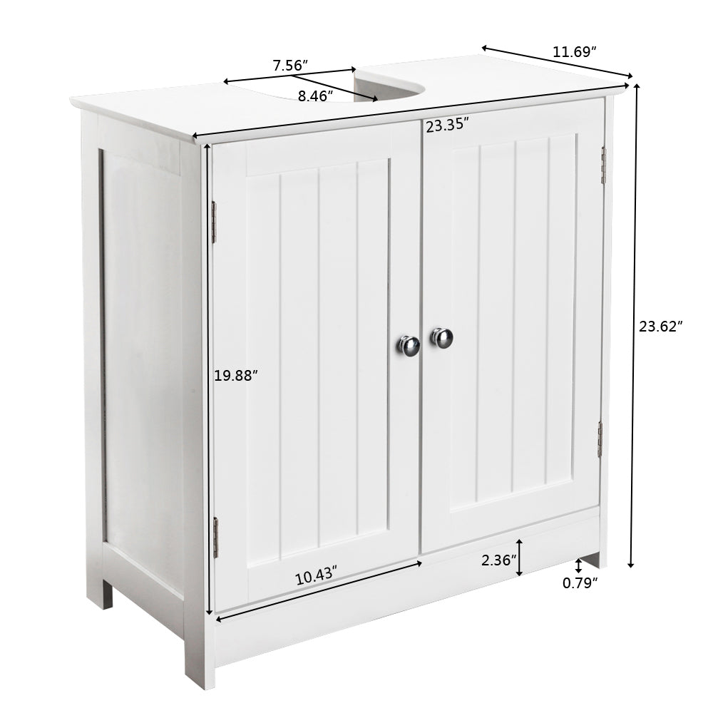 White MDF under-sink bathroom cabinet with slatted doors and dimensions.