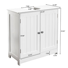 White MDF under-sink bathroom cabinet with slatted doors and dimensions.