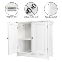 White MDF under-sink bathroom cabinet with open slatted doors, adjustable shelves, vintage knobs, and magnetic base.