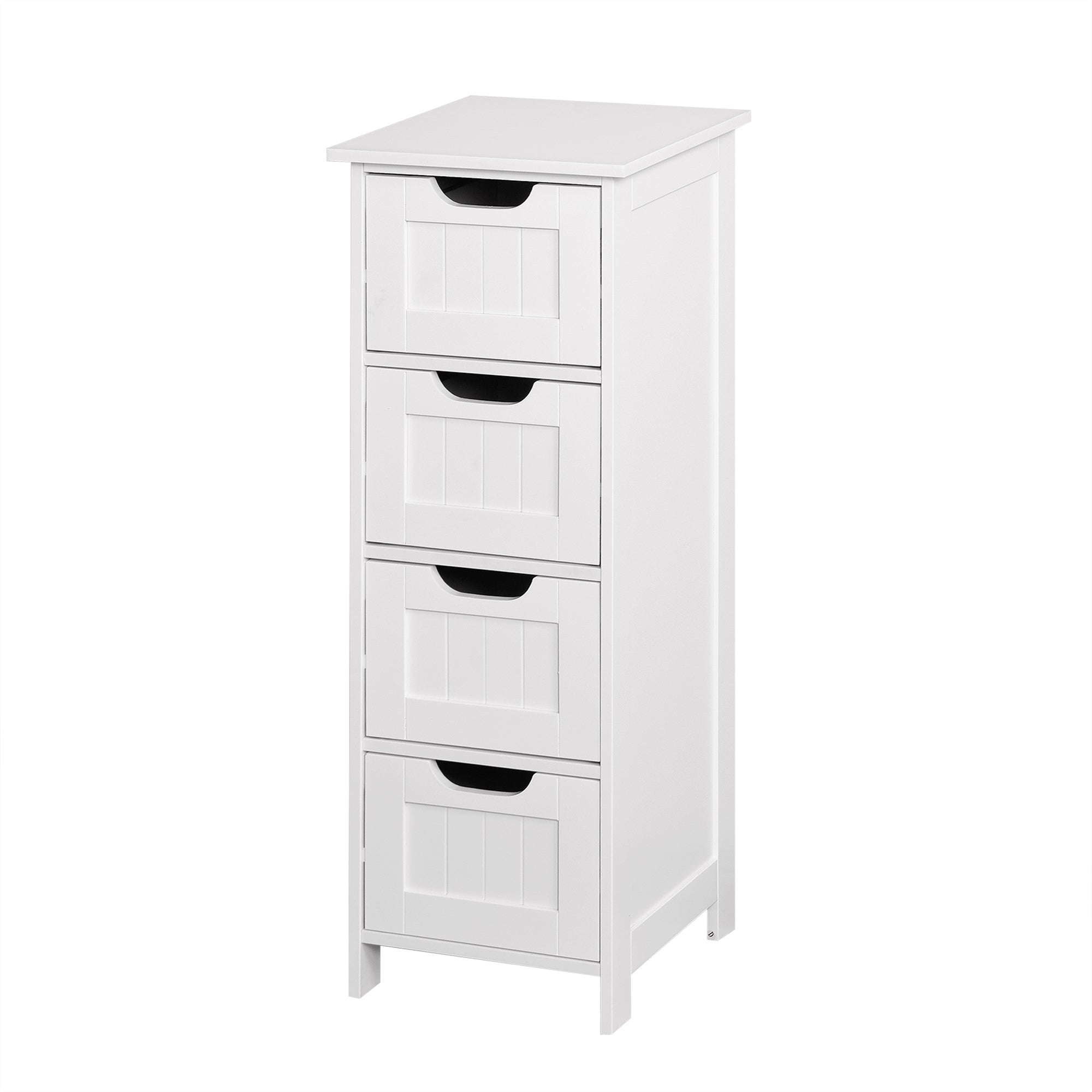 A white slim bathroom storage cabinet with four drawers.
