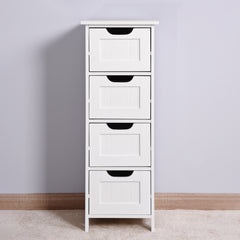White slim bathroom storage cabinet with four drawers.
