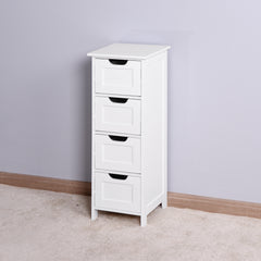 A white, slim bathroom storage cabinet with four drawers stands on a light-colored carpet.