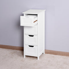 White slim bathroom storage cabinet with four drawers, one partially open.