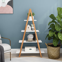 A 4-tier A-frame ladder bookshelf made of solid bamboo wood, with white shelves and decorative items.