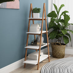 A 4-tier A-frame ladder bookshelf made of solid bamboo wood with white shelves.