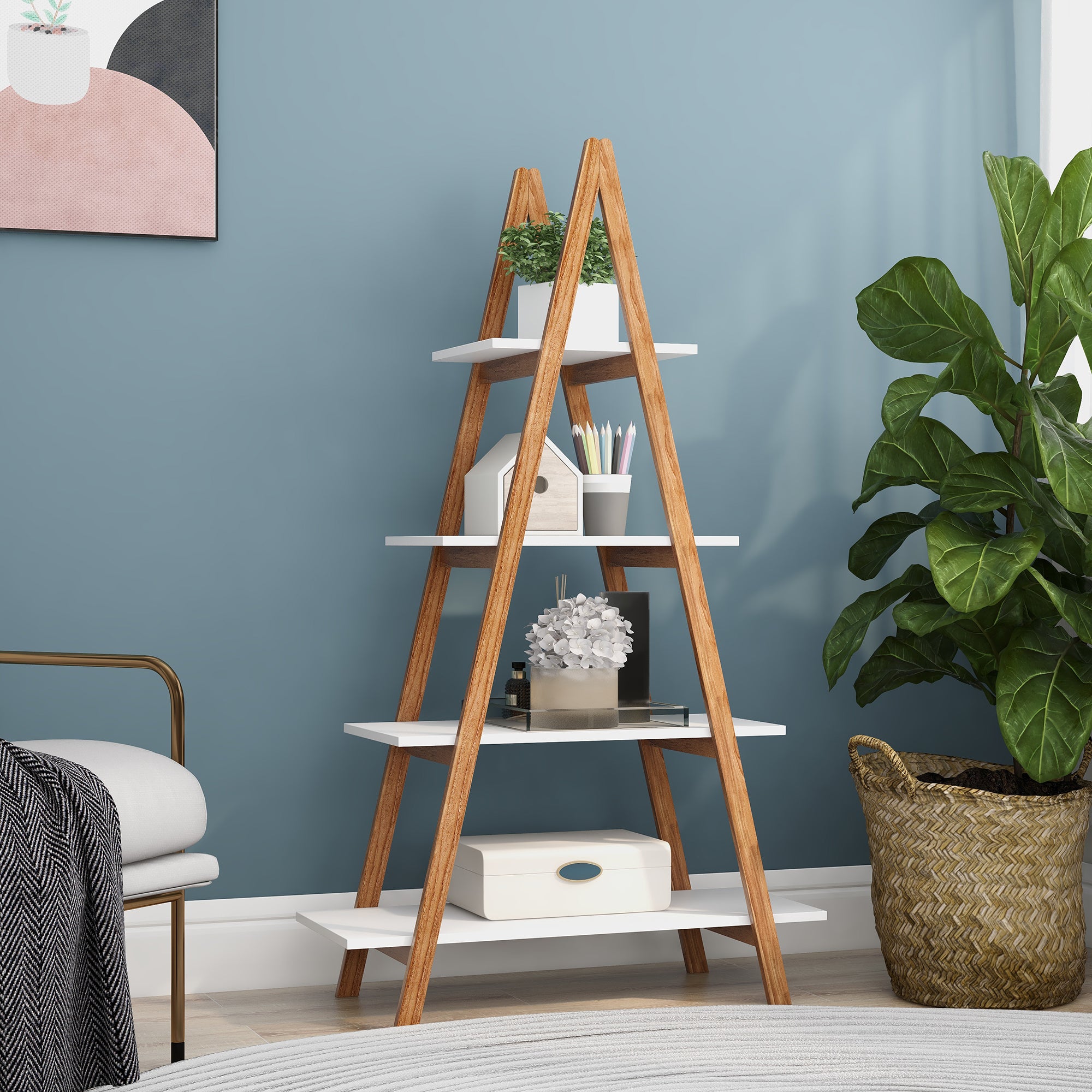 A 4-tier A-frame ladder bookshelf made of solid bamboo wood, with white shelves holding books, plants, and decor.