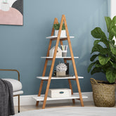 A 4-tier A-frame ladder bookshelf made of solid bamboo wood, with white shelves holding books, plants, and decor.