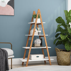 A 4-tier A-frame ladder bookshelf made of solid bamboo wood, with white shelves holding books, plants, and decor.