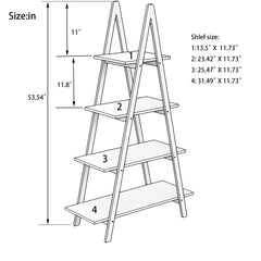 A 4-tier A-frame ladder bookshelf made of solid bamboo wood, with dimensions showing 53.5-inch height and graduated shelf sizes.