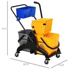 Yellow 55-quart dual bucket mop bucket with wringer, gray secondary bucket, black frame, and casters.