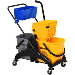 Yellow 55-quart dual bucket mop bucket with wringer and black handle on wheels.