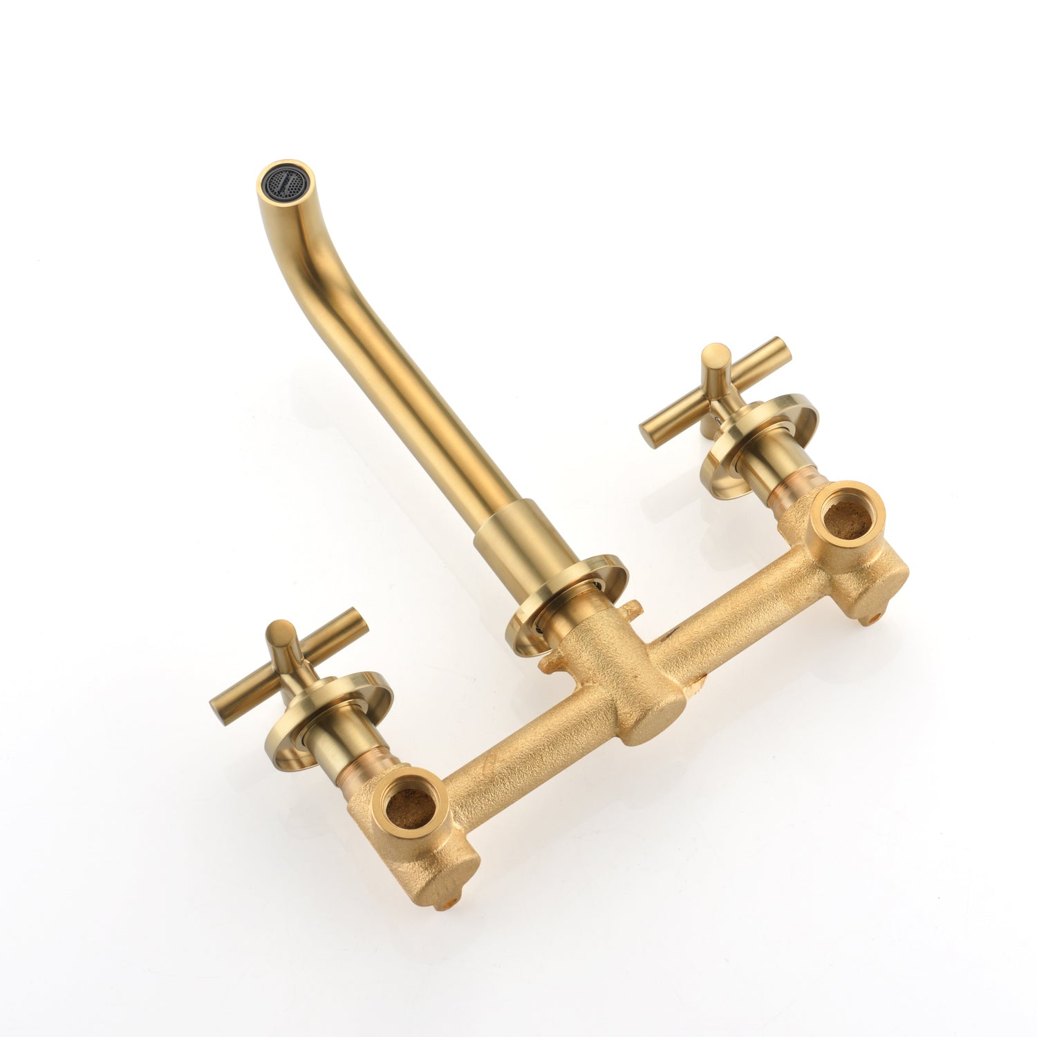 Brushed gold wall-mounted bathroom faucet with cross handles and curved spout.