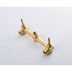 Brushed gold wall-mounted bathroom faucet with cross handles and brass construction.