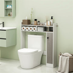 White over-toilet storage cabinet with adjustable shelves and soft-close door.