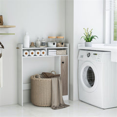 White over-toilet storage cabinet with adjustable shelves and soft-close door.