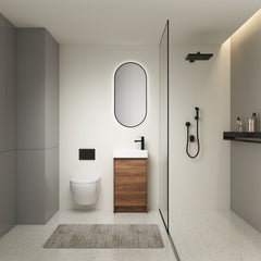 18-inch freestanding bathroom vanity with single ceramic sink and soft closing doors.