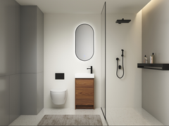 18-inch freestanding bathroom vanity with single ceramic sink and soft-closing wooden doors.