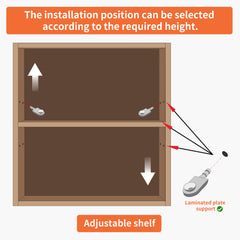 Diagram of adjustable shelf in wooden cabinet with height selection arrows and support plates.