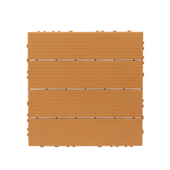 Light brown plastic interlocking deck tiles in a 27-pack, shown as square modules with drainage channels.