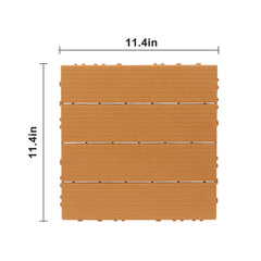 Light brown plastic interlocking deck tile measuring 11.4 inches by 11.4 inches.