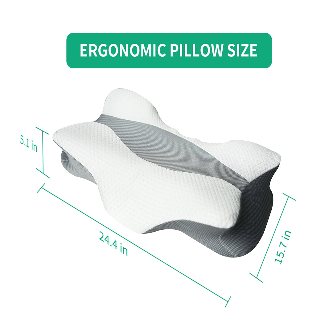 White ergonomic memory foam neck pillow with contoured support and size dimensions.