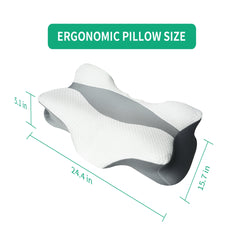 White ergonomic memory foam neck pillow with contoured support and size dimensions.
