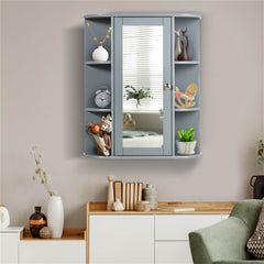 Grey wall-mounted bathroom mirror cabinet with adjustable shelf and decorative items.