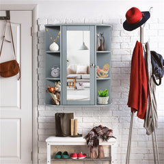 Grey wall-mounted bathroom mirror cabinet with adjustable shelf, displayed on a white brick wall.