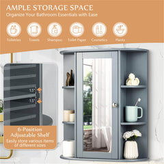 Grey wall-mounted bathroom mirror cabinet with adjustable shelf and storage compartments.