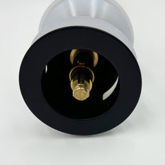 Bostome stainless steel pop-up drain with a black ring and brass mechanism.