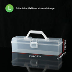 Clear plastic stackable storage box for 1500 trading cards, size 34x13x11 cm, with handle.