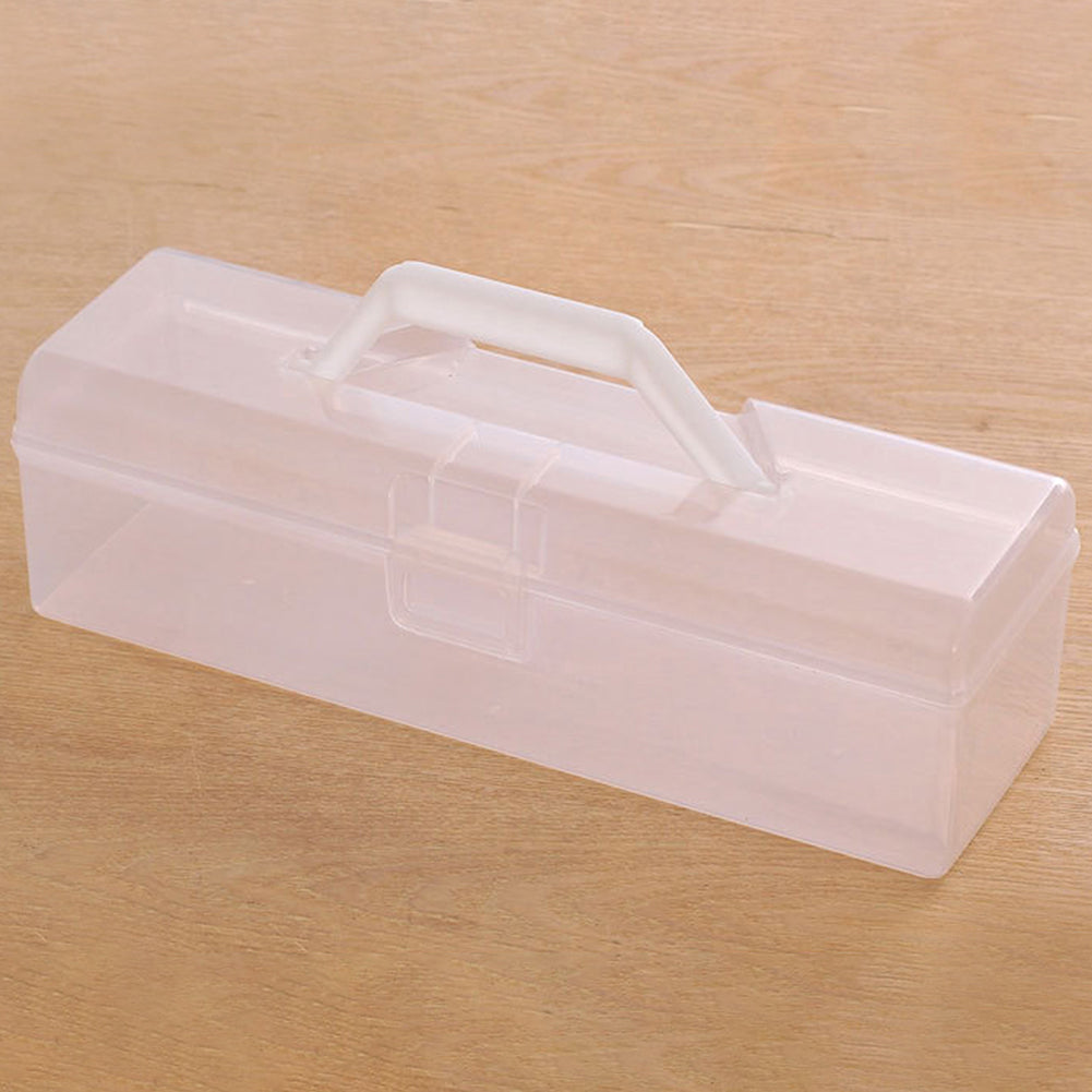 Clear plastic stackable storage box for 1500 trading cards with white handle.