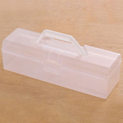 Clear plastic stackable storage box for 1500 trading cards with white handle.
