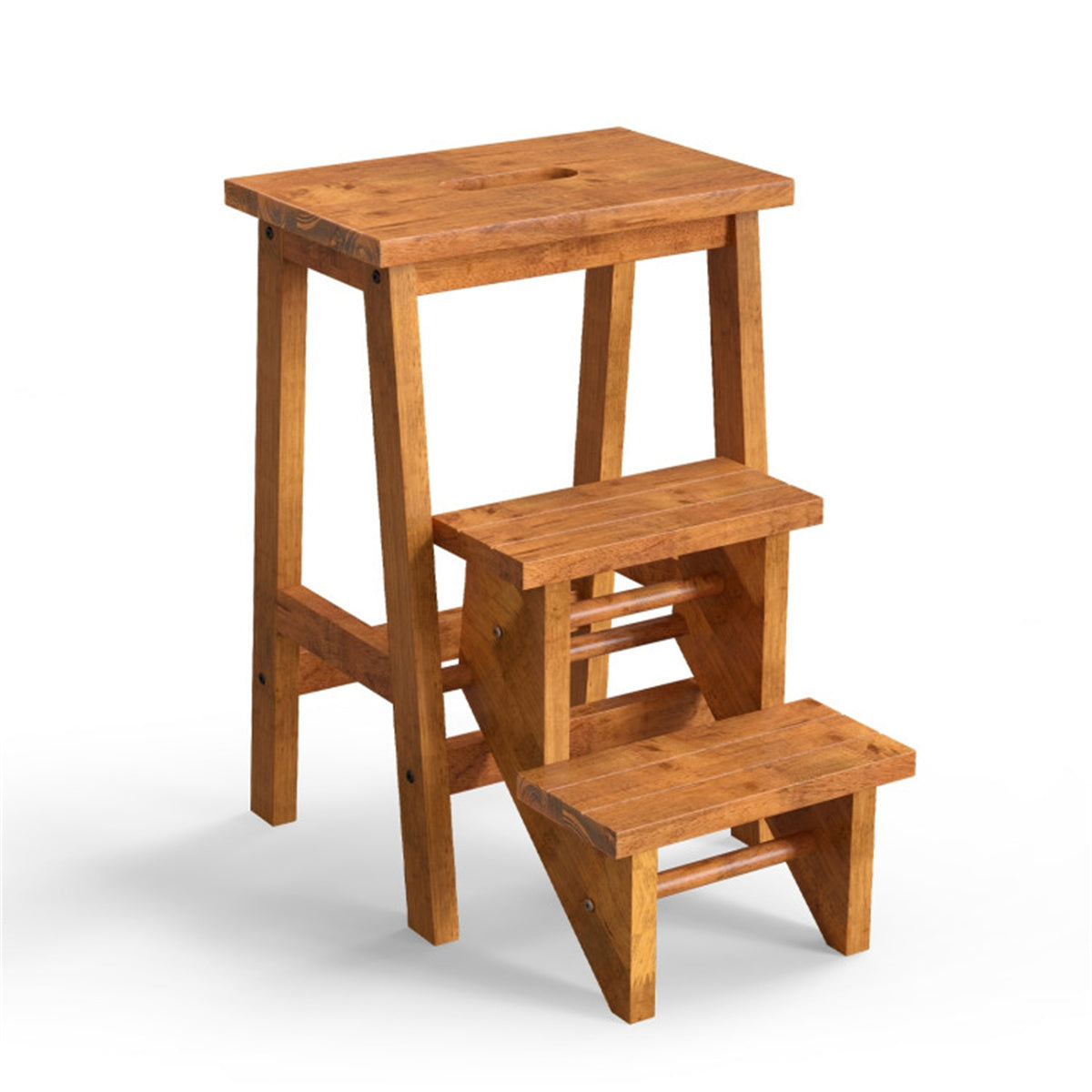Brown wooden 3-in-1 foldable step stool with anti-slip treads.