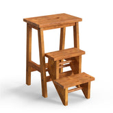 Brown wooden 3-in-1 foldable step stool with anti-slip treads.