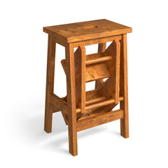 Brown rubber wood 3-in-1 foldable step stool with anti-slip pedals.