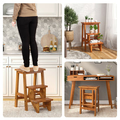 Brown rubber wood 3-in-1 step stool with anti-slip pedals, foldable design, and 200 lbs capacity.