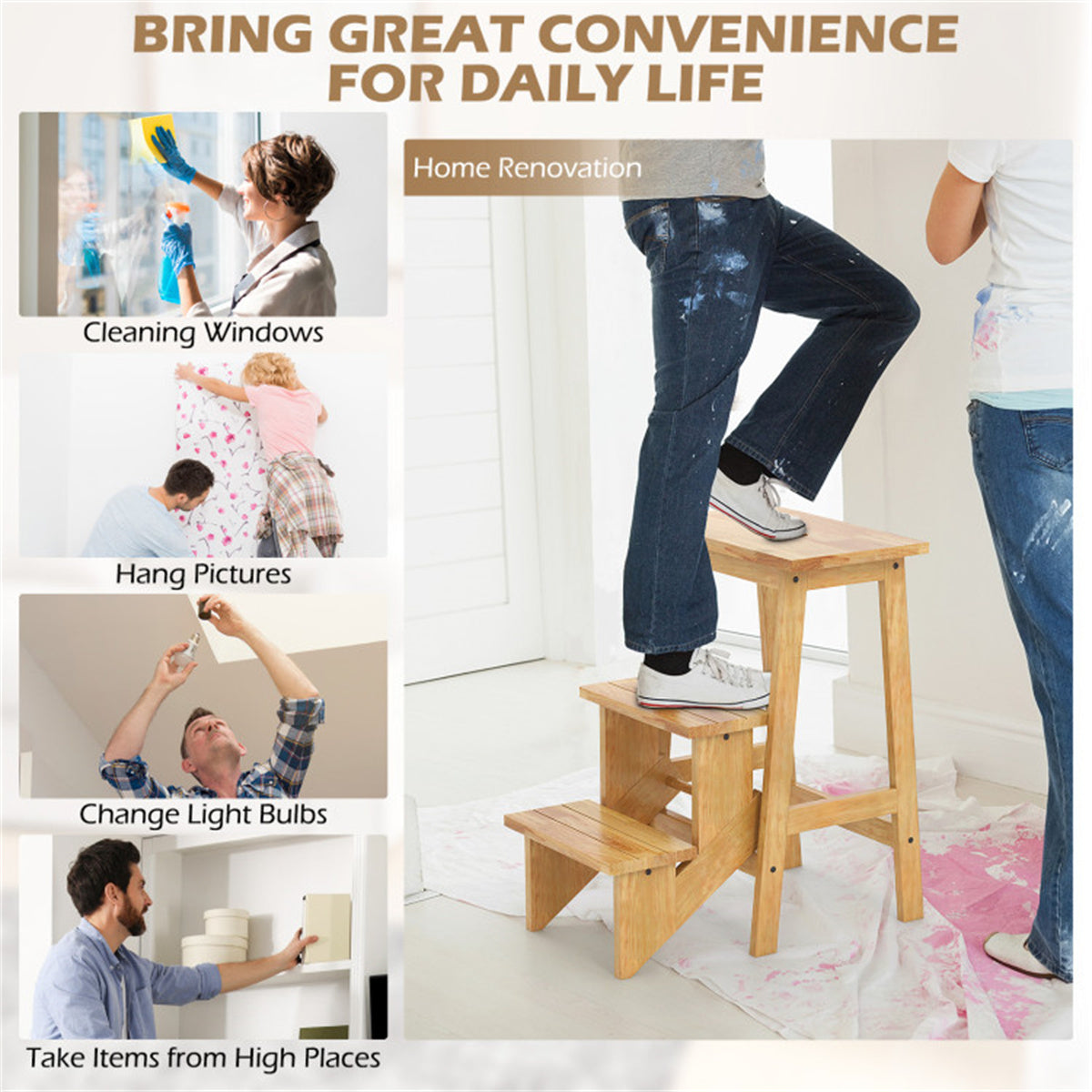 Natural rubber wood 3-in-1 step stool with anti-slip pedals, shown in use for home tasks.