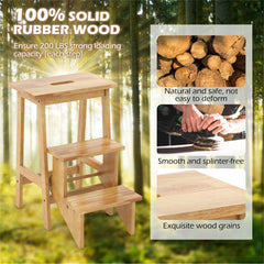 A natural rubber wood 3-in-1 step stool with two anti-slip steps and 200 lbs capacity.