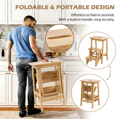 A man folds a natural rubber wood 3-in-1 step stool with anti-slip steps and built-in handle in a kitchen.