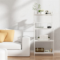 A white 4-tier metal storage shelf stands next to a white sofa with yellow pillows.