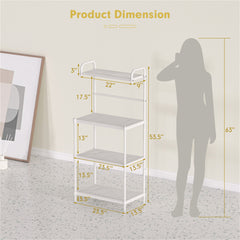 A white 4-tier metal kitchen storage shelf with dimensions shown next to a person.