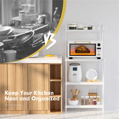 A 4-tier white metal kitchen storage shelf is shown next to a cluttered kitchen.