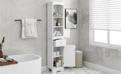 Tall white freestanding MDF bathroom cabinet with drawer, adjustable shelf, and open storage in a modern bathroom.