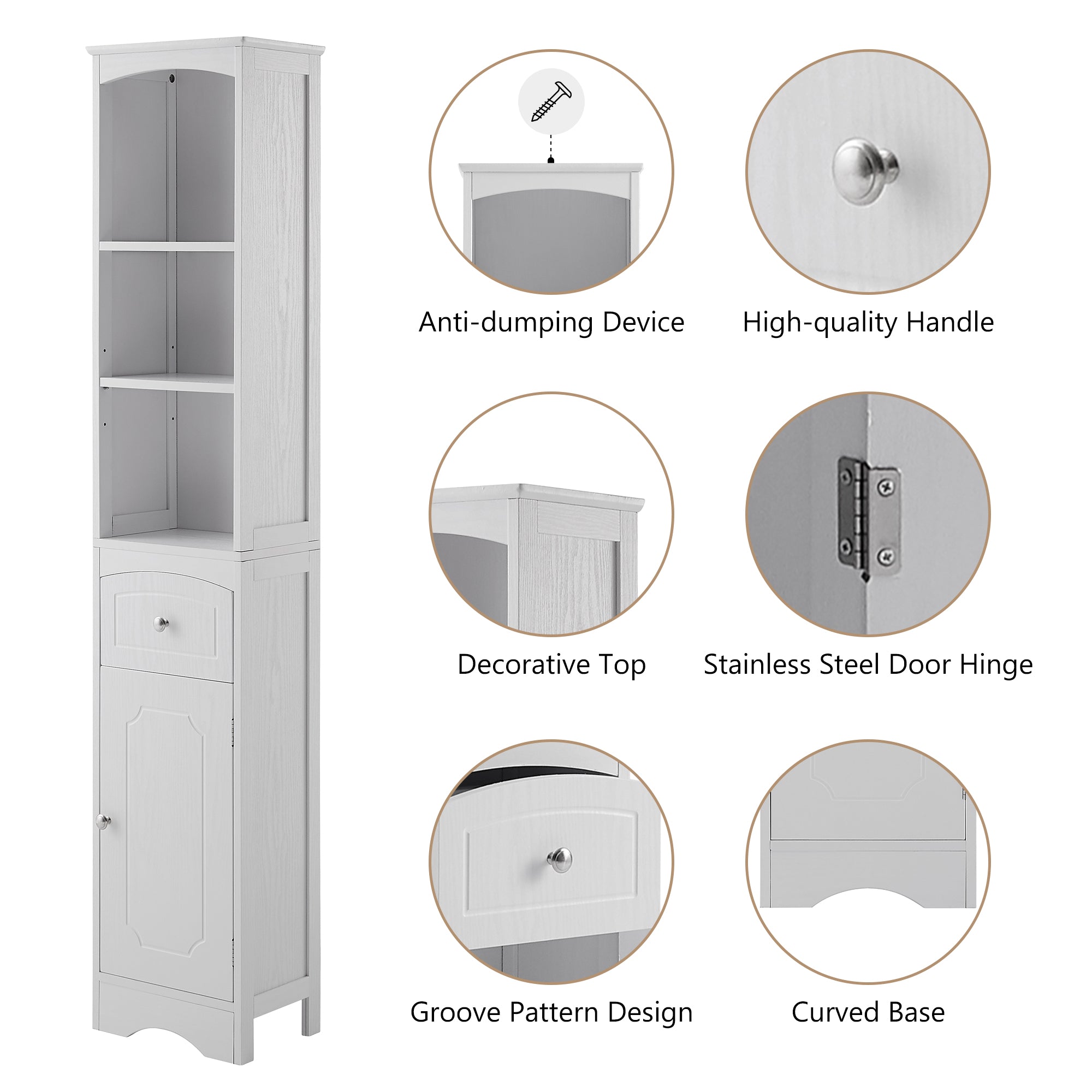 Tall white freestanding bathroom cabinet with drawer, adjustable shelf, and anti-tip device.