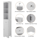Tall white freestanding bathroom cabinet with drawer, adjustable shelf, and anti-tip device.