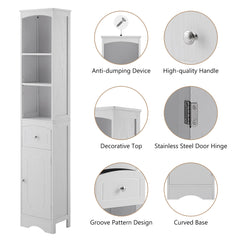 Tall white freestanding bathroom cabinet with drawer, adjustable shelf, and anti-tip device.