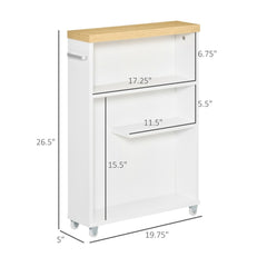 Slim white particleboard bathroom corner cabinet on wheels with three shelves and dimensions.
